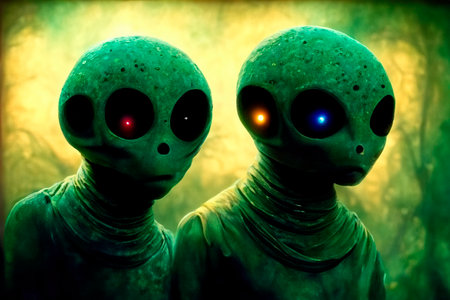 alien. Alien character and UFO visitor and extraterrestrial humanoid creature sighting concept as a symbol for the search for intelligent life as a 3D illustration.の素材
