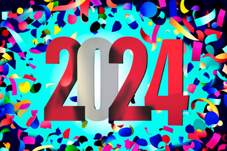 2024. New Year, 2024. Numbers on a background of confetti. Horizontal design. Happy New Year 2024.の写真素材