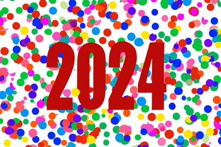 2024. New Year, 2024. Numbers on a background of confetti. Horizontal design. Happy New Year 2024.