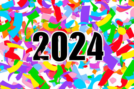 2024. New Year, 2024. Numbers on a background of confetti. Horizontal design. Happy New Year 2024.