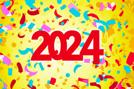 2024. New Year, 2024. Numbers on a background of confetti. Horizontal design. Happy New Year 2024.の写真素材