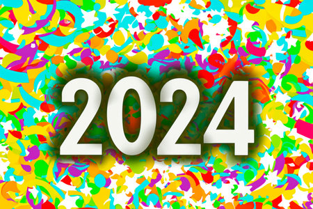 2024. New Year, 2024. Numbers on a background of confetti. Horizontal design. Happy New Year 2024.