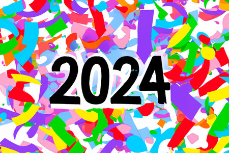 2024. New Year, 2024. Numbers on a background of confetti. Horizontal design. Happy New Year 2024.の写真素材