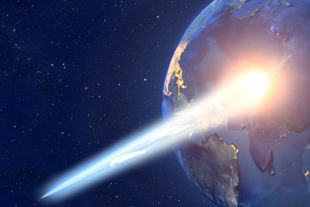 End of the world. Meteor colliding with the planet Earth. Destruction of planet Earth.の素材