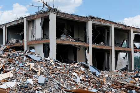 Building collapse. Debris and destroyed building that collapsed from an earthquake. Catastrophe....