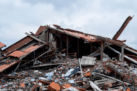 Building collapse. Debris and destroyed building that collapsed from an earthquake. Catastrophe. Ruined building. Rubble on the ground. Warzone. Catastrophic zone.の写真素材