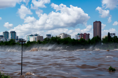 Flash flood. Torrential rains that fill the rivers and roads instantly causing flooding. Rain concept. Torrential rain. floods.の素材