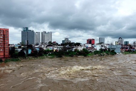 Flash flood. Torrential rains that fill the rivers and roads instantly causing flooding. Rain concept. Torrential rain. floods.の素材