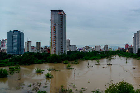 Flash flood. Torrential rains that fill the rivers and roads instantly causing flooding. Rain concept. Torrential rain. floods.の素材