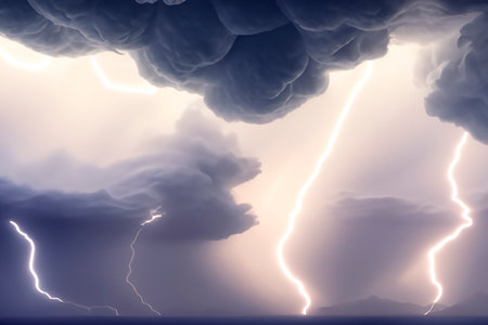 Illustration of storm clouds, rain and lightning. Rain and storm concept.の素材