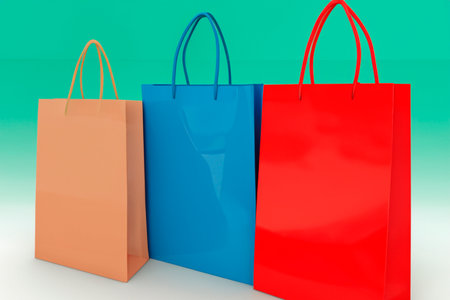 Shopping bags. Sales concept. For sale. Shopping bags of women crazy shopaholic person at shopping mall. Colorful paper shopping bags. Paper shopping bagsの素材