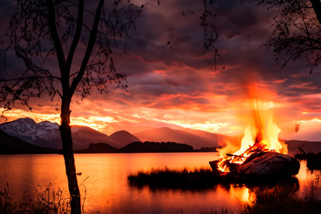 Bonfire. Small campfire with gentle flames beside a lake during a glowing sunset. San Juan night on the beach. People jumping over the bonfires. Bonfire at night.の素材