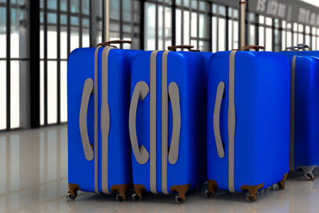 Suitcases in airport. Travel concept. 3d rendering.の素材