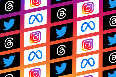 Threads. Goal. Logo Threads. Design Threads the new Social Network that will replace Twitter. Mark Zuckerberg and Meta. Instagram.のeditorial素材