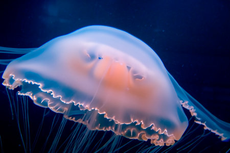Jellyfish. Jellyfishs. Colorful jellyfish underwater. Shellfish moving in the water. Jellyfish 3D illustration background. Jellyfish swim in the sea, light passes through the waterの素材