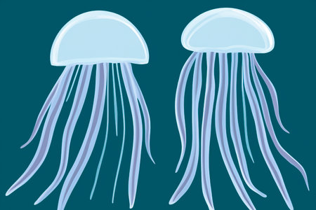Jellyfish. Jellyfishs. Colorful jellyfish underwater. Shellfish moving in the water. Jellyfish 3D illustration background. Jellyfish swim in the sea, light passes through the waterの素材