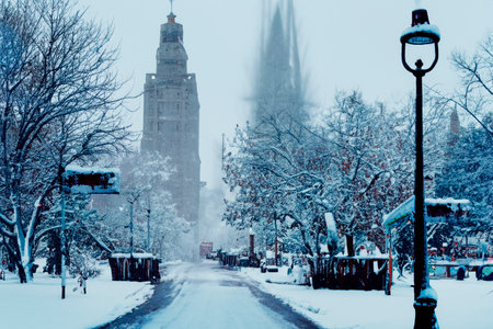 Snow. White blanket of snow. Winter concept. Snow covered streets. White cloak Christmas concept. Winter road and landscape of frozen trees. Free space for your decoration. sceneryの素材