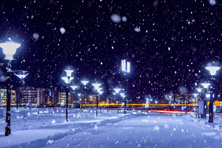 Snow. White blanket of snow. Winter concept. Snow covered streets. White cloak Christmas concept. Winter road and landscape of frozen trees. Free space for your decoration. sceneryの素材