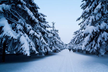 Snow. White blanket of snow. Winter concept. Snow covered streets. White cloak Christmas concept. Winter road and landscape of frozen trees. Free space for your decoration. sceneryの素材