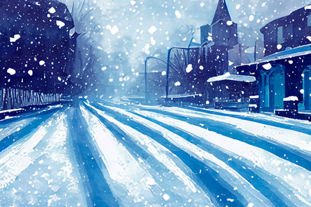 Snow. Illustration. White blanket of snow. Winter concept. Snow covered streets. White cloak Christmas concept. Winter road and landscape of frozen trees. Free space for your decorの写真素材