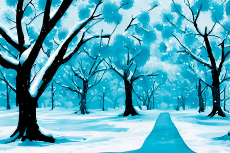 Snow. Illustration. White blanket of snow. Winter concept. Snow covered streets. White cloak Christmas concept. Winter road and landscape of frozen trees. Free space for your decorの写真素材