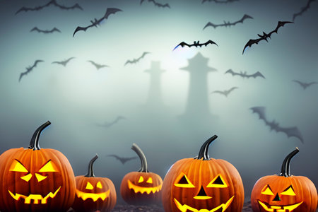 Halloween. 2023. Happy Halloween. Pumpkins in the cemetery. Halloween background. Night clouds and pumpkins. Pumpkins. Full moon, witches cauldron, spider web and flying bat. octobの素材