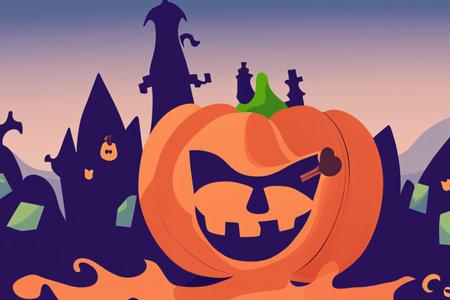 Halloween. 2023. Happy Halloween. Pumpkins in the cemetery. Halloween background. Night clouds and pumpkins. Pumpkins. Full moon, witches cauldron, spider web and flying bat. octobの素材