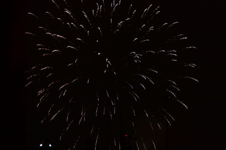 Fireworks. Colorful celebration fireworks isolated on a black sky background. From below, shot of...