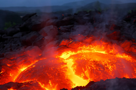 Etna. They overturn with magma on the walls of the volcanic cone. Hot wash. New eruption. 2023. Hot rocks.の素材