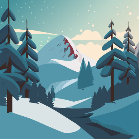 Snowy landscape. Square illustration of a Christmas postcard with a winter landscape full of snow on the icy cold night. Illustration for background. Background.の素材