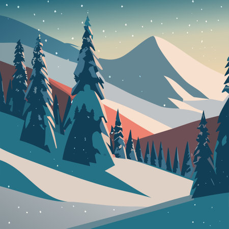 Snowy landscape. Square illustration of a Christmas postcard with a winter landscape full of snow on the icy cold night. Illustration for background. Background.の素材