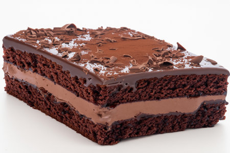 Chocolate cake. Tasty chocolate cake. Plates with pieces of delicious homemade chocolate cake on the table. Chocolate cake with cream. World Chocolate Cake Day. January 27, 2024.の素材