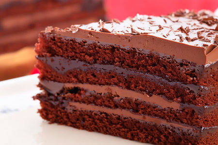 Chocolate cake. Tasty chocolate cake. Plates with pieces of delicious homemade chocolate cake on the table. Chocolate cake with cream. World Chocolate Cake Day. January 27, 2024.の素材