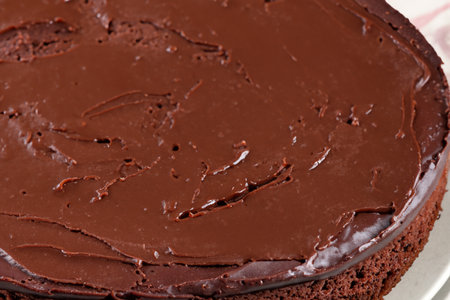 Chocolate cake. Tasty chocolate cake. Plates with pieces of delicious homemade chocolate cake on the table. Chocolate cake with cream. World Chocolate Cake Day. January 27, 2024.の素材