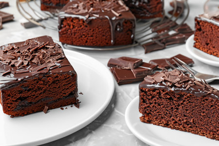 Chocolate cake. Tasty chocolate cake. Plates with pieces of delicious homemade chocolate cake on the table. Chocolate cake with cream. World Chocolate Cake Day. January 27, 2024.の素材