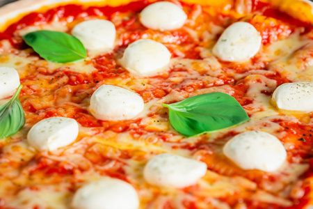 Pizza. Homemade pizza. Delicious pizza. Freshly made Italian margherita pizza with buffalo mozzarella and basil. Pizza with cheese, tomato sauce. Wood oven. World Pizza Day. Februaの素材