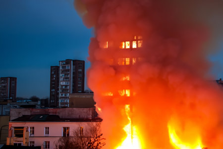 Building on fire. Skyline of a city in flames and smoke because of a war. Burning building gas explosion or city during the war. Big city with burning buildings. Pollution of the cの素材