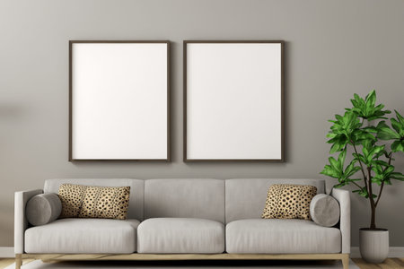 Interior of living room with two vertical posters on the wall, 3d render
