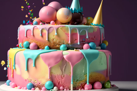 Birthday cake. Celebration birthday cake with lots of icing and decorations. Image for postcard....