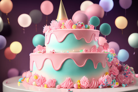Birthday cake. Celebration birthday cake with lots of icing and decorations. Image for postcard....