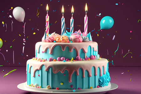 Birthday cake. Celebration birthday cake with lots of icing and decorations. Image for postcard. Celebration concept. Beautiful birthday cake with burning candles on stand againstの写真素材