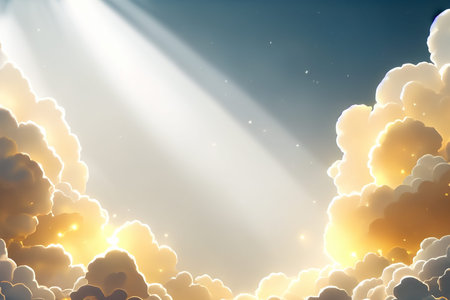 Celestial display of white and golden clouds with sunbeams breaking through. Concept of God light...