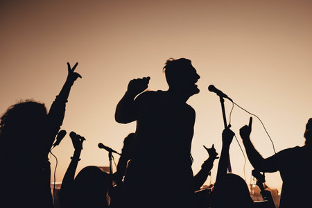 Concert. Festival rock together singing people group unrecognizable musicians silhouettes stage...