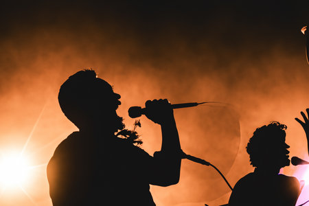 Concert. Festival rock together singing people group unrecognizable musicians silhouettes stage concert playing band music silhouette light song.の写真素材