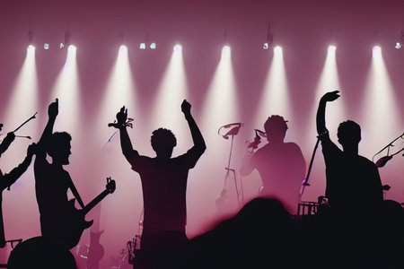 Concert. Festival rock together singing people group unrecognizable musicians silhouettes stage...