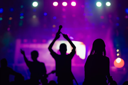 Silhouette of a concert crowd at a music festival. Blurred backgroundの写真素材