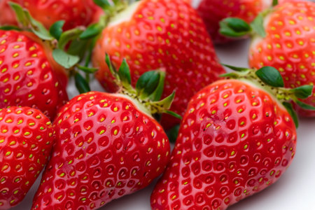 Strawberries. Red large ripe strawberries close-up. Harvest berries. Red strawberries background. Food background.の写真素材