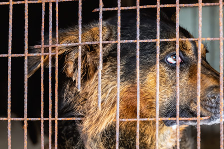 Stray homeless dog in animal shelter cage. Sad abandoned hungry dog behind old rusty grid of the...