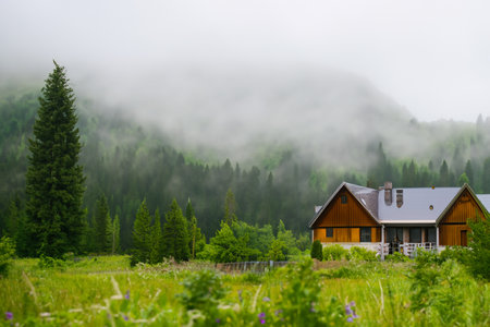 Isolated house in the mountains, beautiful typical northern European house in a lush, green landscape with fog. Beautiful summer landscape with green meadows and house in the mountの写真素材