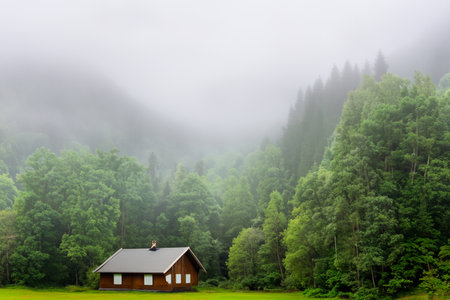Isolated house in the mountains, beautiful typical northern European house in a lush, green landscape with fog. Beautiful summer landscape with green meadows and house in the mountの写真素材